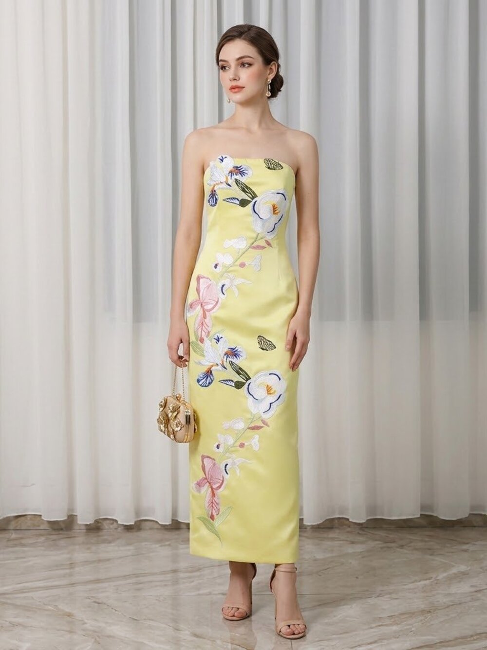 Strapless Floral Embroidery Satin Dress Vibrant Yellow Midi Evening Gown